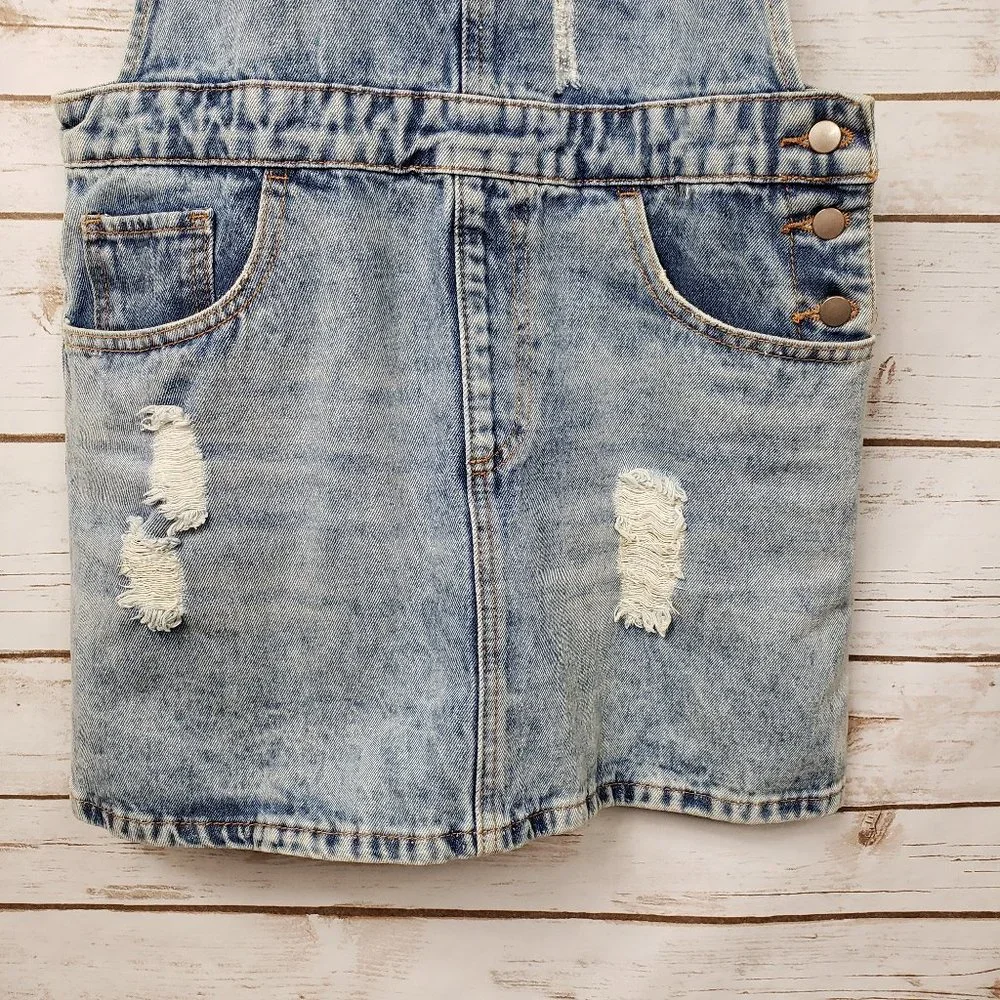 F21 Distressed Denim Overall Jumper Dress Pockets Light Blue MIni Size M - Picture 3 of 12